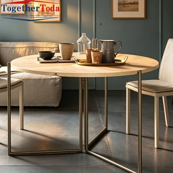 Natural Wood Round Dining Table Living Room Scene